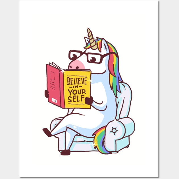 Believe in Yourself Unicorn Reading Book Wall Art by vo_maria